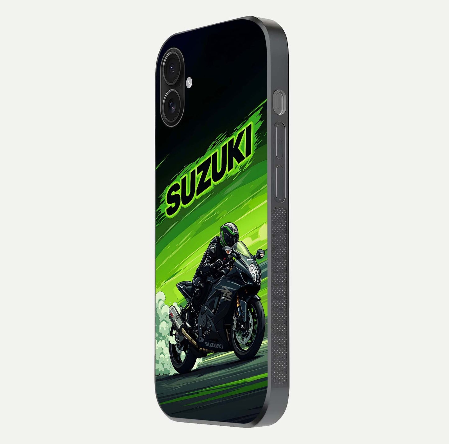 Suzuki Speed Beast Glass Case for iPhone 16 Plus side-angle image showing reflection, gloss, and car detailing