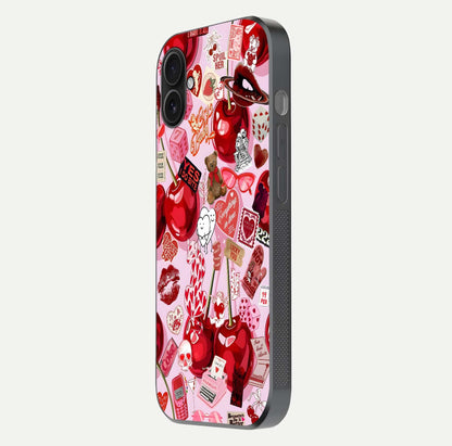 Sweet Cherry Chaos Glass Case for iPhone 16 Plus side-angle image showing shine, gloss, and cherry details
