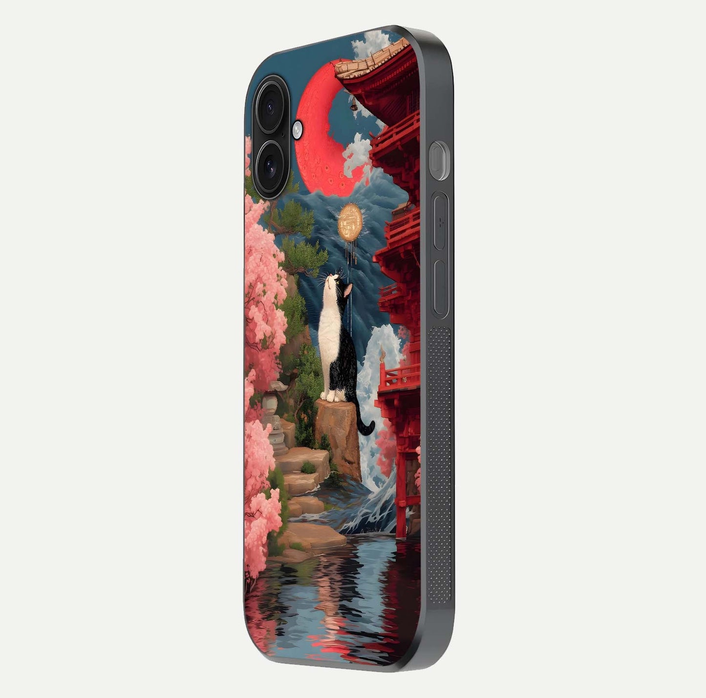 Temple Cat Scenery Glass Case for iPhone 16 Plus side-angle image showing shine and printed temple pattern