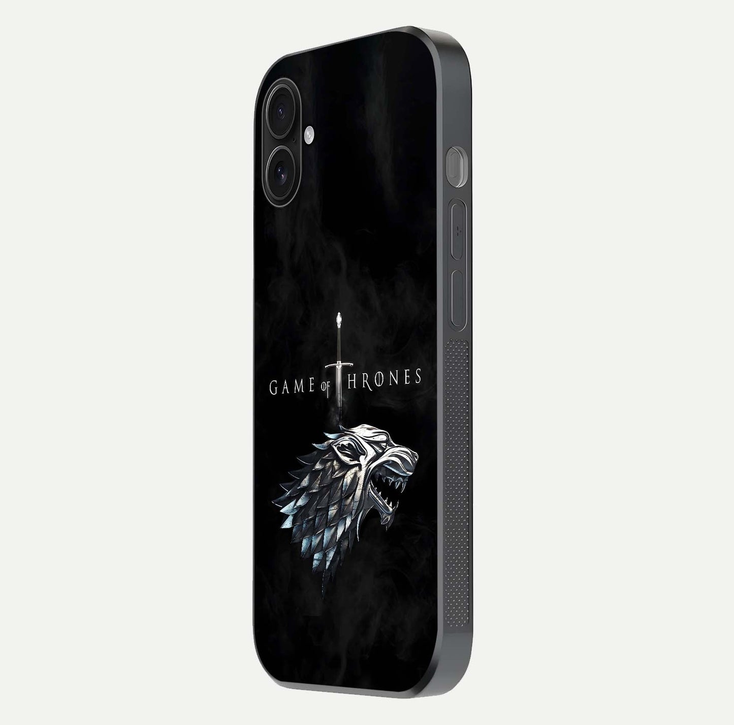 Throne Wolf Legacy Glass Case for iPhone 16 Plus side-angle image showing gloss, texture, and HD print