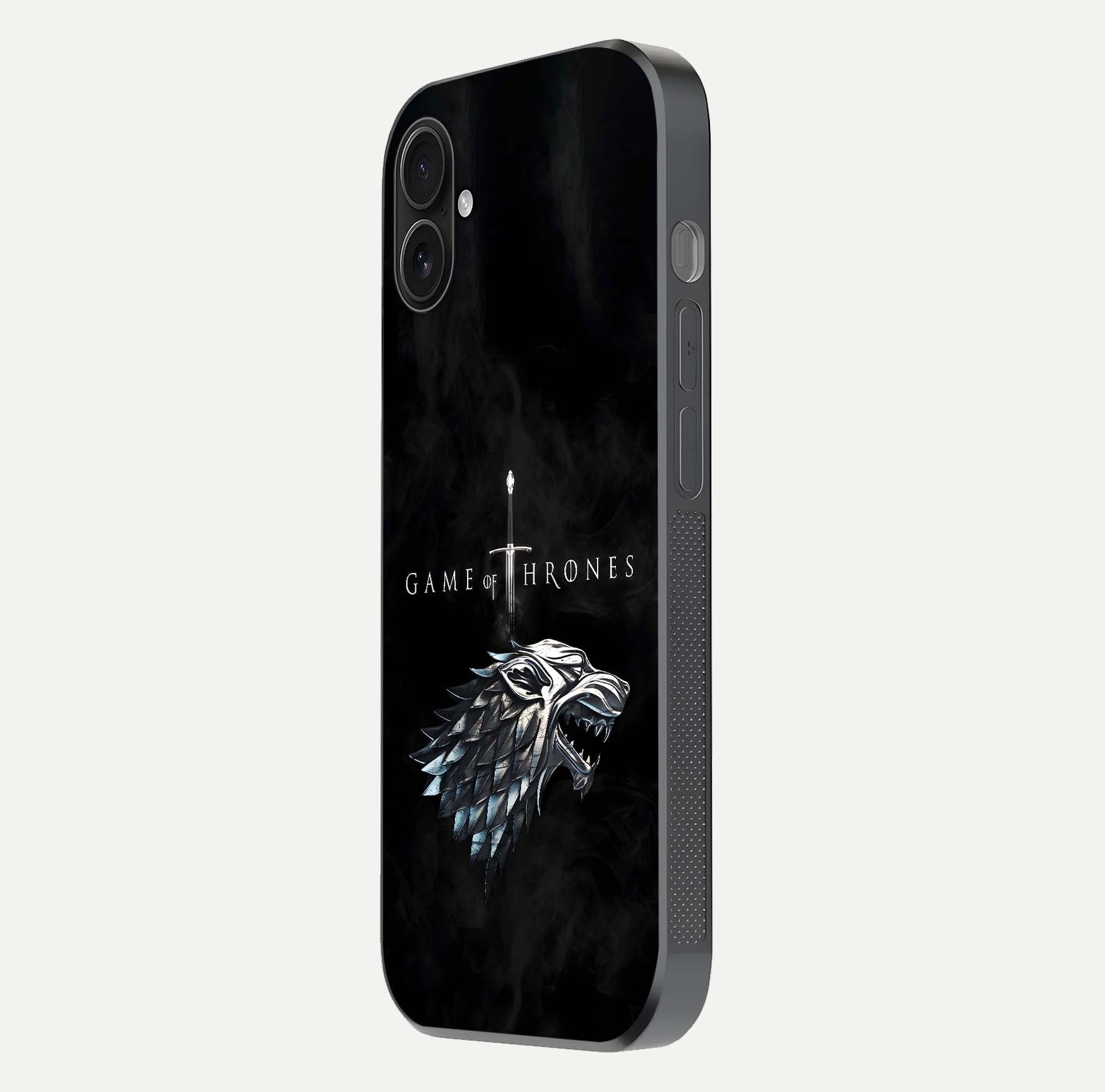 Throne Wolf Legacy Glass Case for iPhone 16 Plus side-angle image showing gloss, texture, and HD print