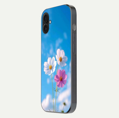 Triple Flowers With Sky Glass Case for iPhone 16 Pro side-angle image showing gloss, texture, and floral design