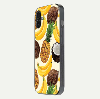 Tropical Fruit Mood Glass Case for iPhone 16 Plus side-angle image showing reflection, gloss, and fruit details
