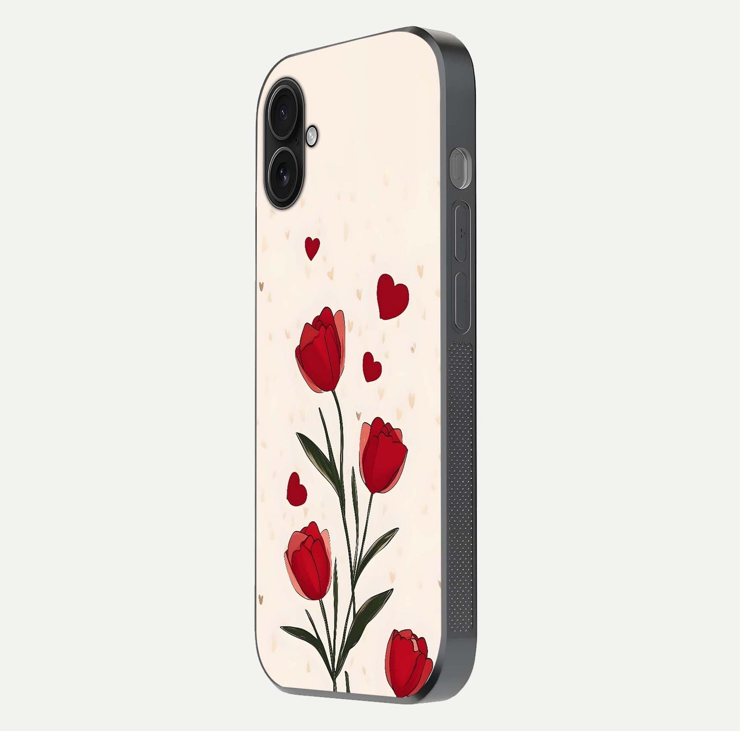 Tulip With Heart Glass Case for iPhone 16 Plus side-angle image showing floral reflection and subtle gradient