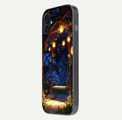 Twilight Garden Swing Glass Case for iPhone 16 Pro side-angle image showing reflection, gloss, and scenic depth