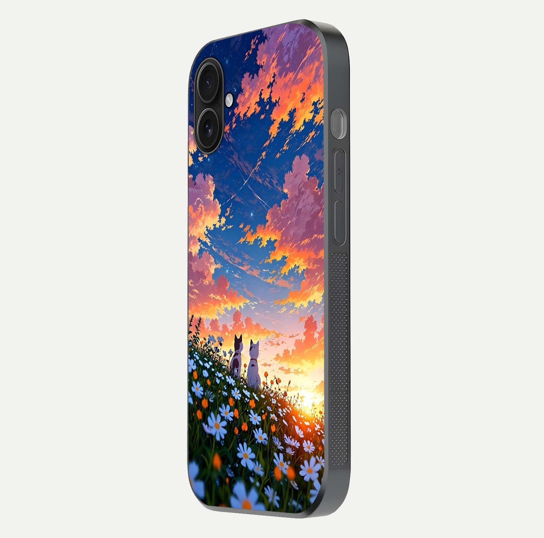 Two Cats Friends Glass Case for iPhone 16 Plus side-angle image showing reflection, gloss, and color depth