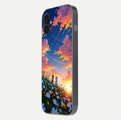 Two Cats Friends Glass Case for iPhone 16 Plus side-angle image showing reflection, gloss, and color depth