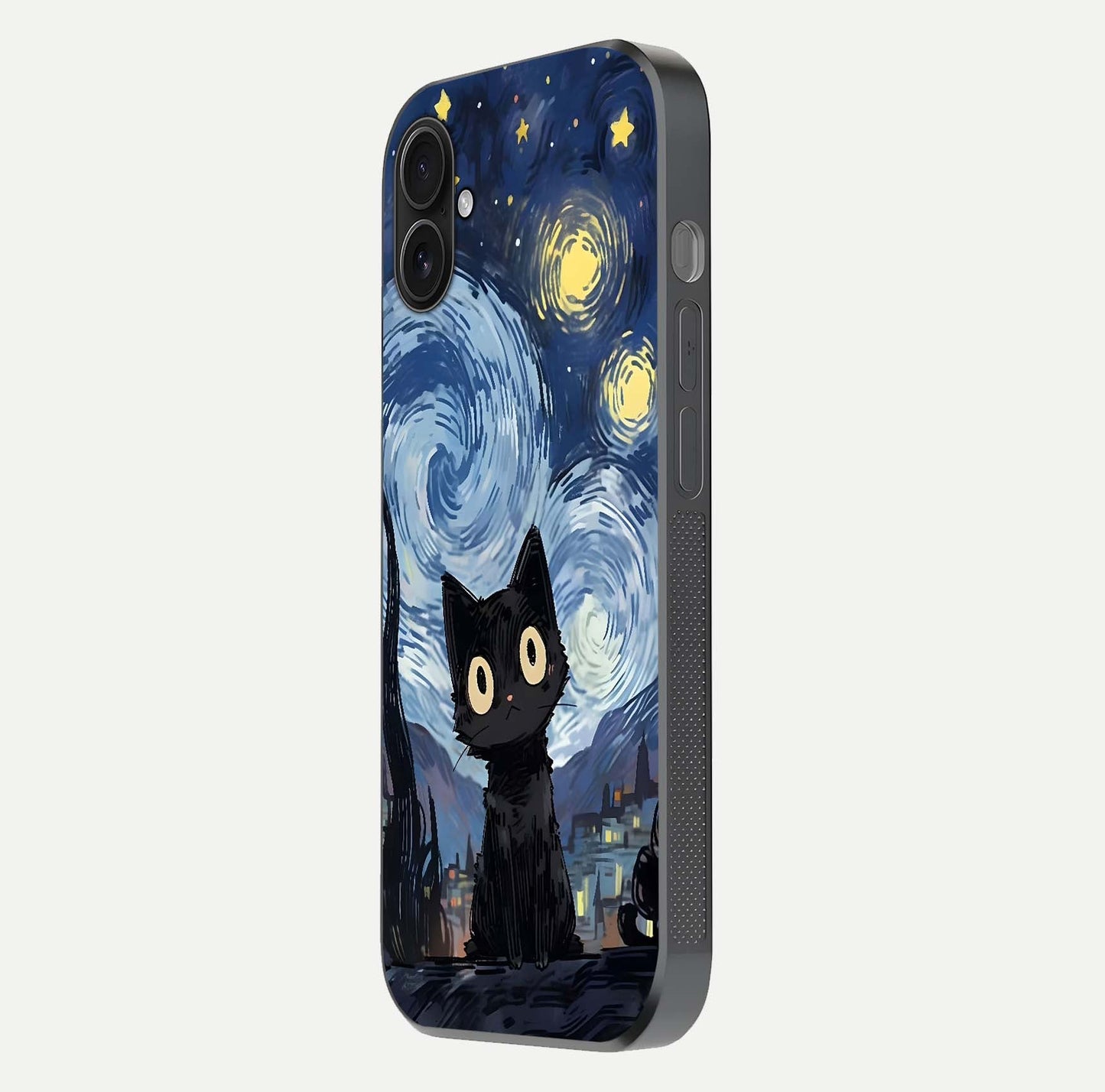 Van Gogh Cat Glass Case for iPhone 16 Plus side-angle image showing light reflection and vivid artwork
