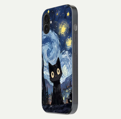 Van Gogh Cat Glass Case for iPhone 16 Plus side-angle image showing light reflection and vivid artwork