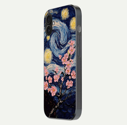 Van Gogh Scenery Glass Case for iPhone 16 Plus side-angle image showing shine, gloss, and scenic color palette