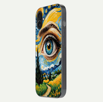 Van Gogh Eye Glass Case for iPhone 16 Plus side-angle image showing reflection, gloss, and artistic contrast