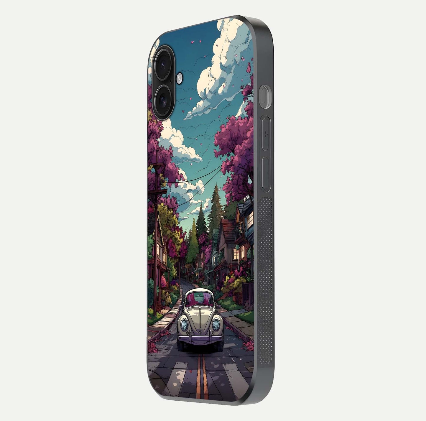 Vintage Street Drive Glass Case for iPhone 16 Plus side-angle image showing gloss reflection and design detail