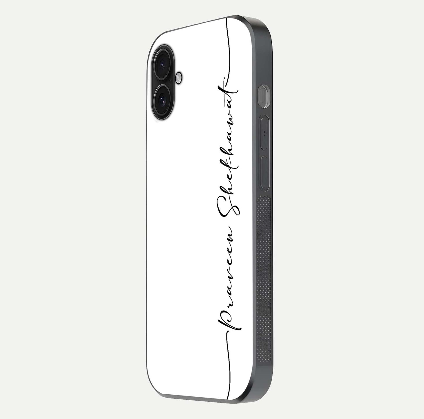 White Tune Custom Name Glass Case for iPhone 16 Plus side-angle image showing shine, gloss, and minimal tone