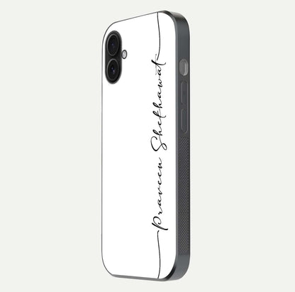 White Tune Custom Name Glass Case for iPhone 16 Plus side-angle image showing shine, gloss, and minimal tone