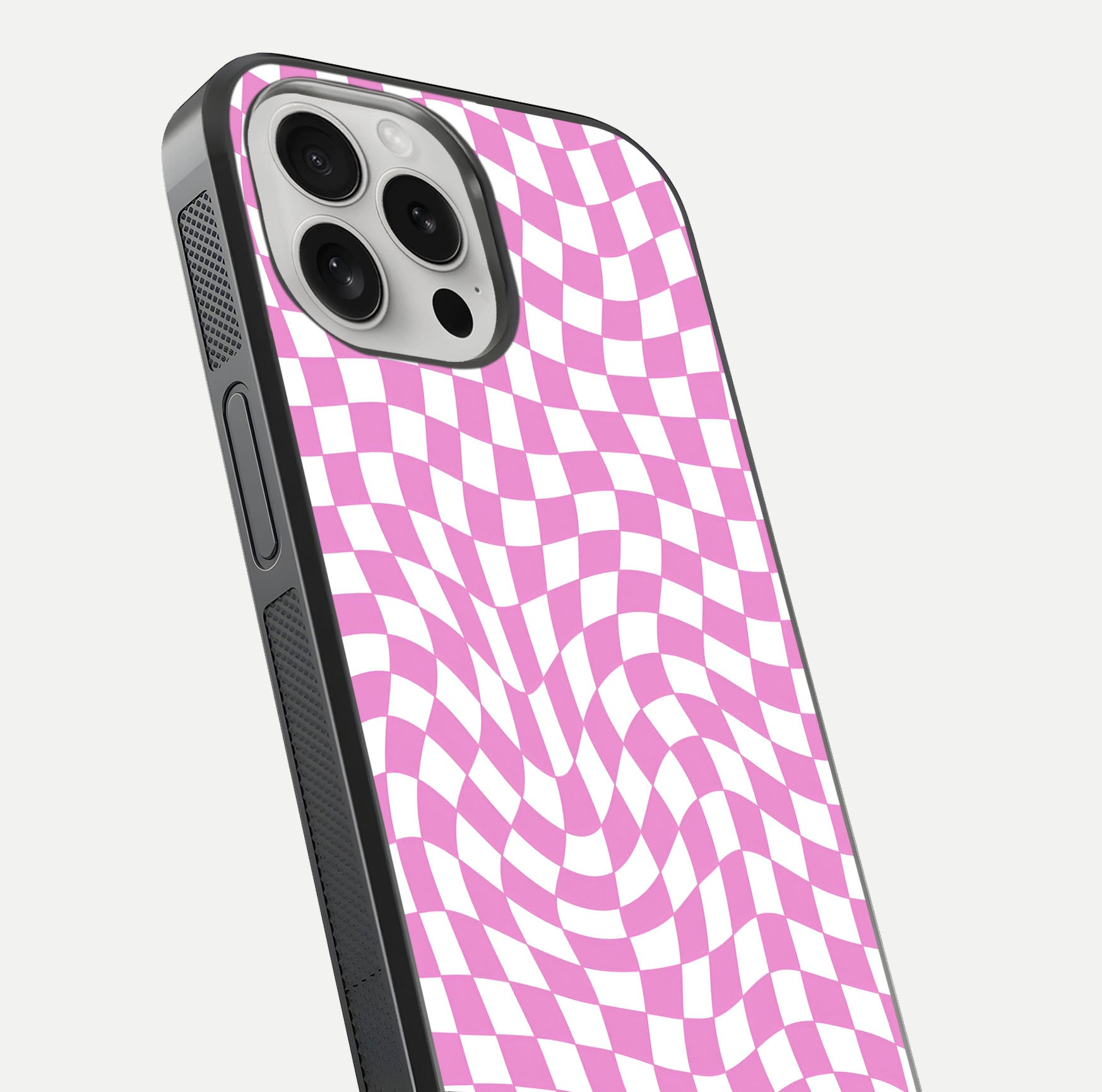 Bubblegum Check Wave iPhone 16 Pro glass phone case angled back view highlighting check wave artwork and side grip texture