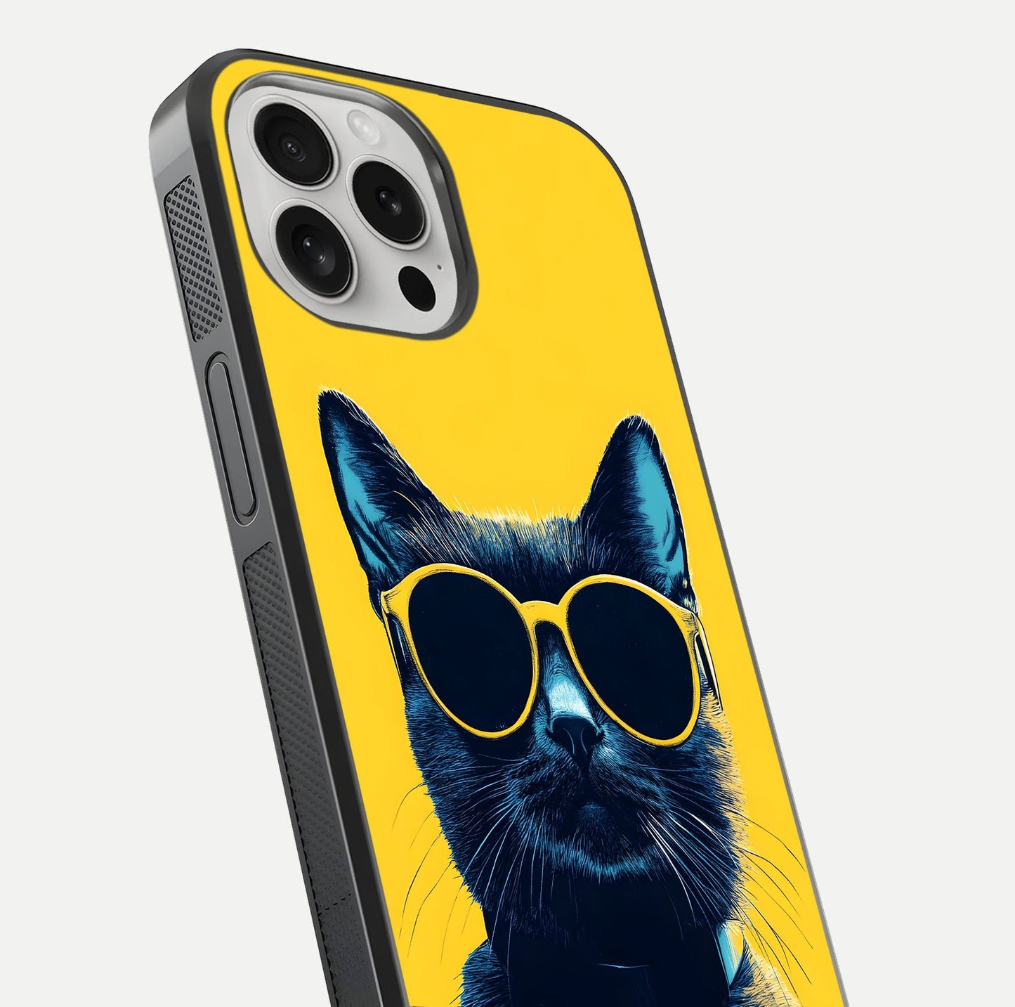 Cool Cat Vibes iPhone 16 Pro glass phone case angled back view highlighting cat artwork and textured side grip
