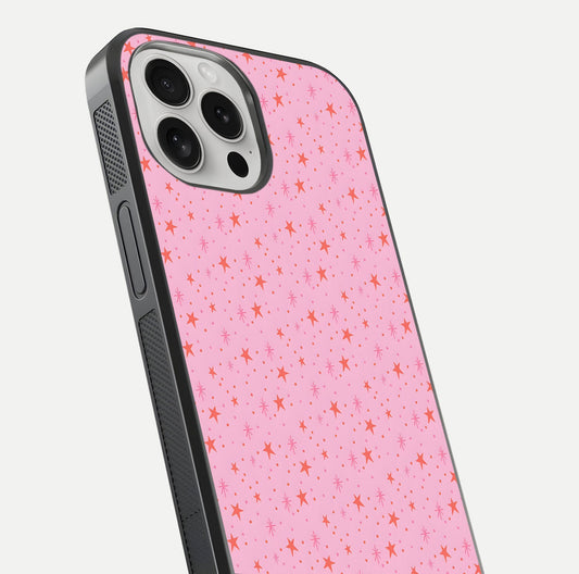 Cosmic Pink Sparkle iPhone 16 Pro glass phone case angled back view highlighting sparkling galaxy design and textured side grip