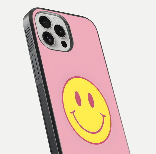 Happy Pink Mood iPhone 16 Pro glass phone case angled back view highlighting bright pink artwork and side grip texture