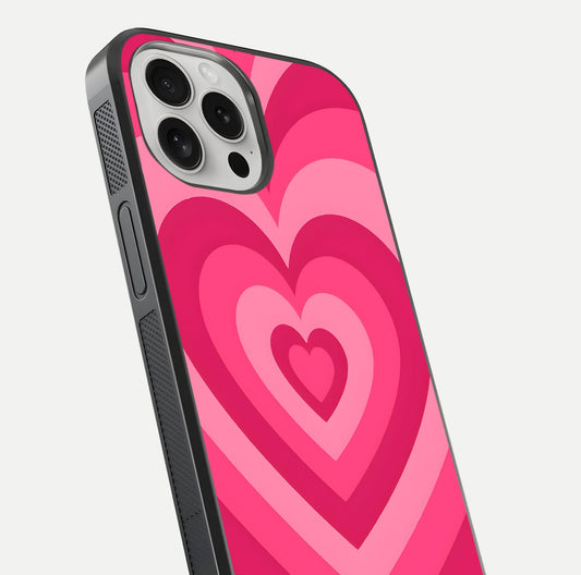 Layered Love Hearts iPhone 16 Pro glass phone case angled back view highlighting heart artwork and textured grip edges