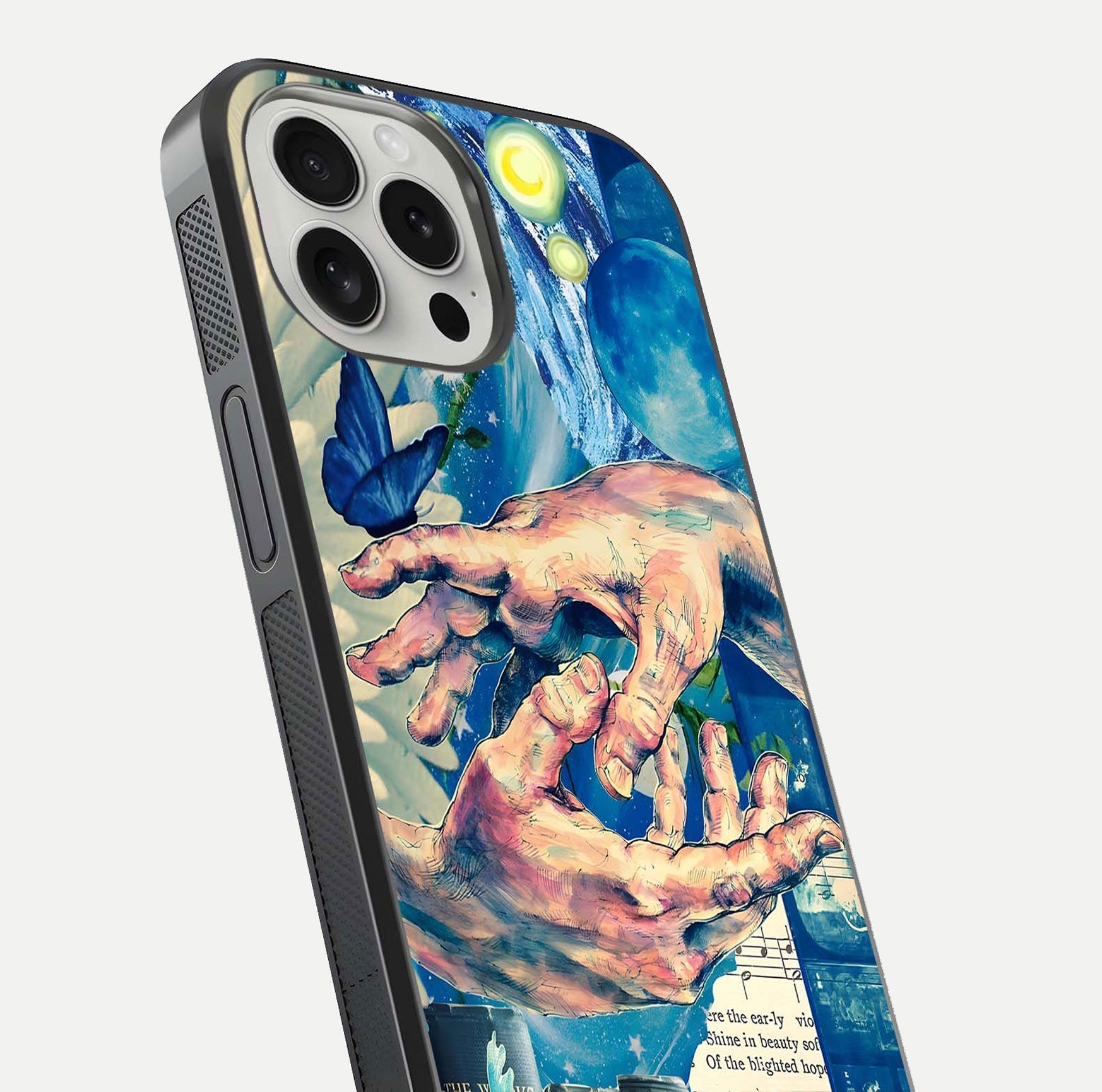 Aesthetic Divider Glass Case for iPhone 16 Pro close-up angled shot showing detailed divider artwork and gloss reflection