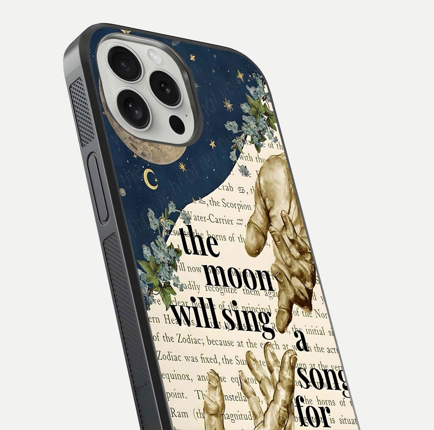 Aesthetic Divine Glass Case for iPhone 16 Pro close-up angled shot showing detailed divine artwork and gloss reflection