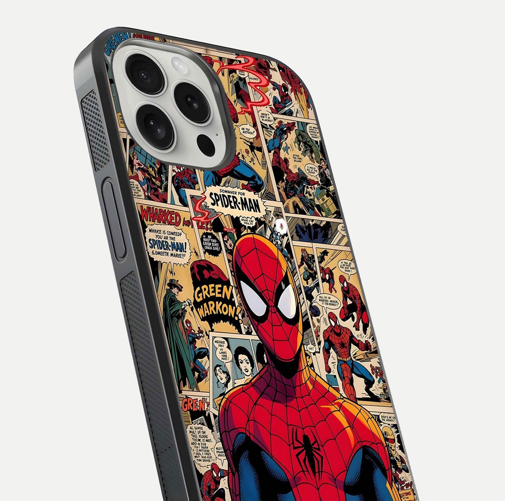 Aesthetic Spider Man Glass Case for iPhone 16 Pro close-up angled shot showing detailed Spider-Man artwork and gloss reflection