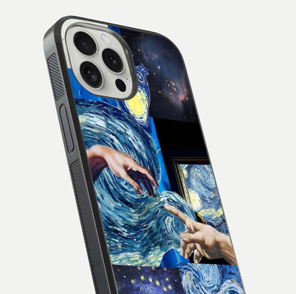Aesthetic Vando Hands Glass Case for iPhone 16 Pro close-up angle showing fine detailing of hand artwork and glass reflection