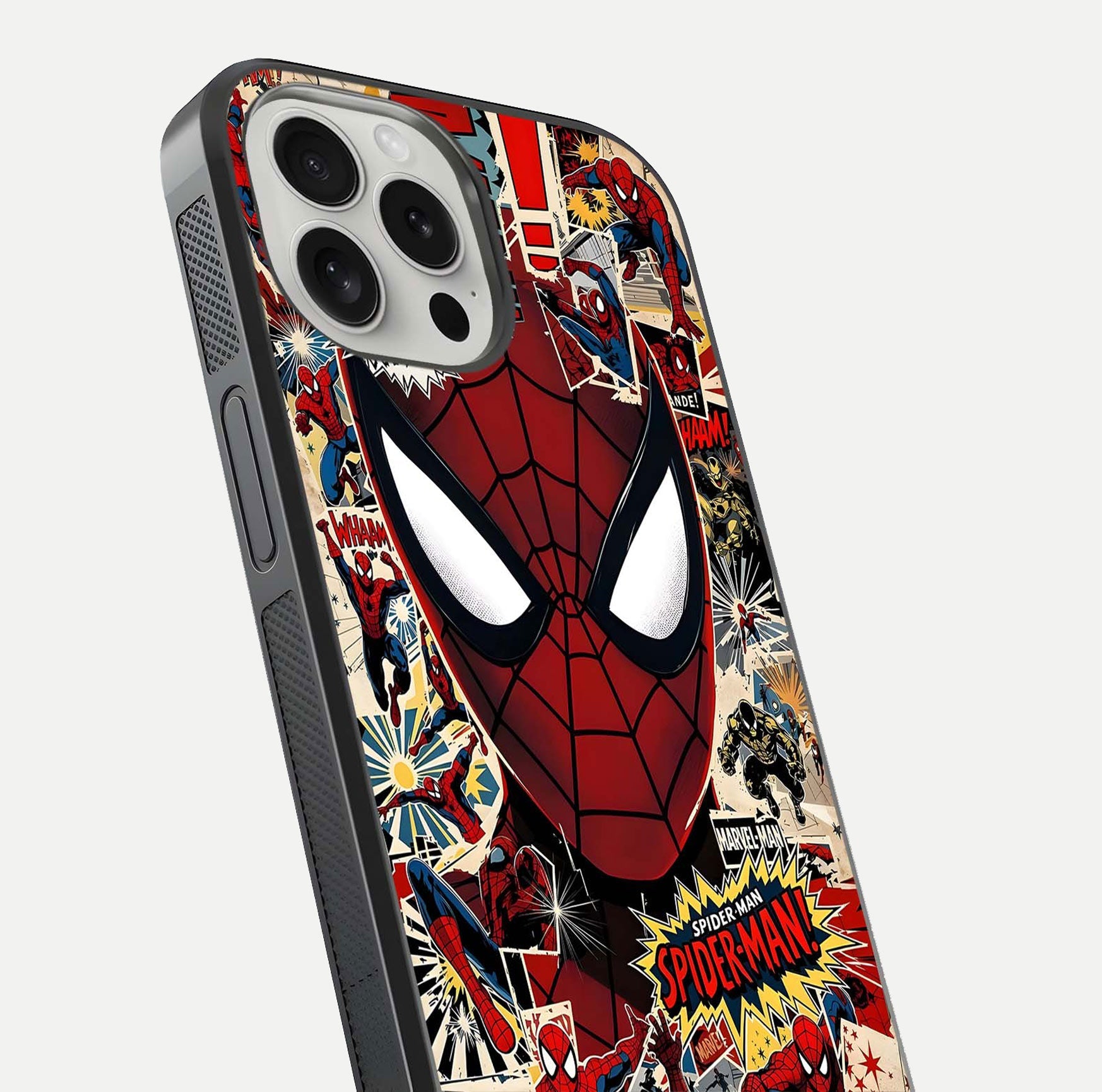 Aesthetic Wonder Spider Glass Case for iPhone 16 Pro angled close-up highlighting spider web detail and vibrant color gloss