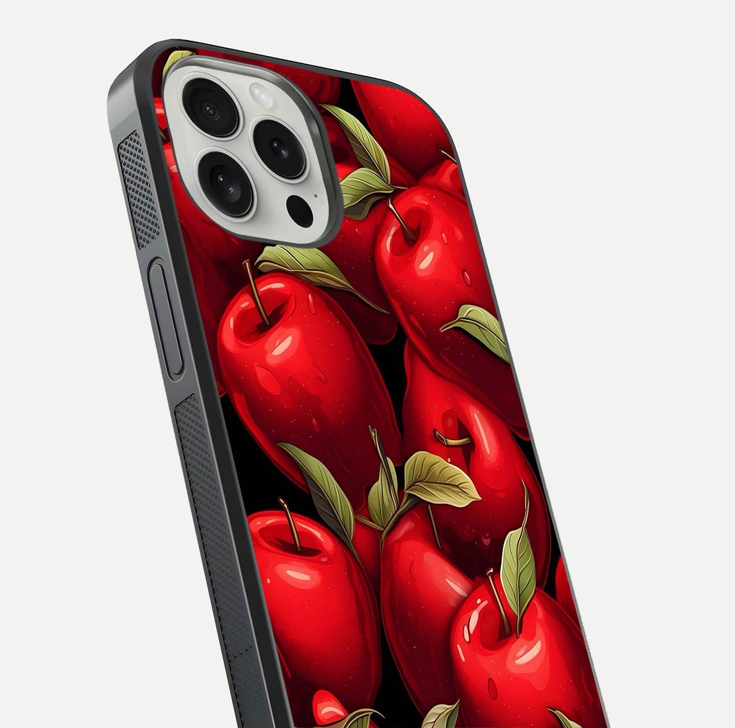 Apple Pattern Glass Case for iPhone 16 Pro close-up angle showing pattern texture and shine reflection