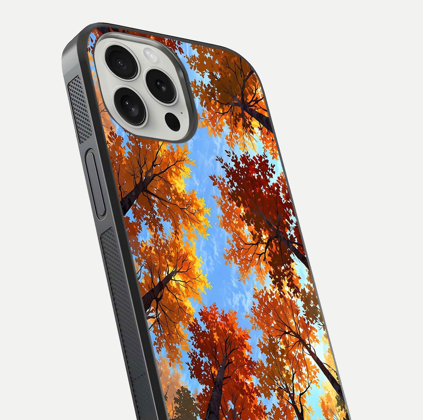Autumn Sky Rise Glass Case for iPhone 16 Pro close-up shot of autumn tone details and HD shine reflection