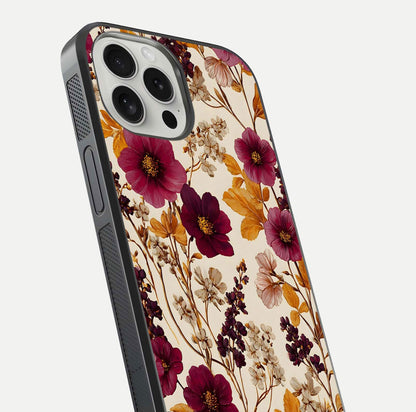 Autumn Wine Bloom Glass Case for iPhone 16 Pro close-up highlighting petal detail and gloss reflection