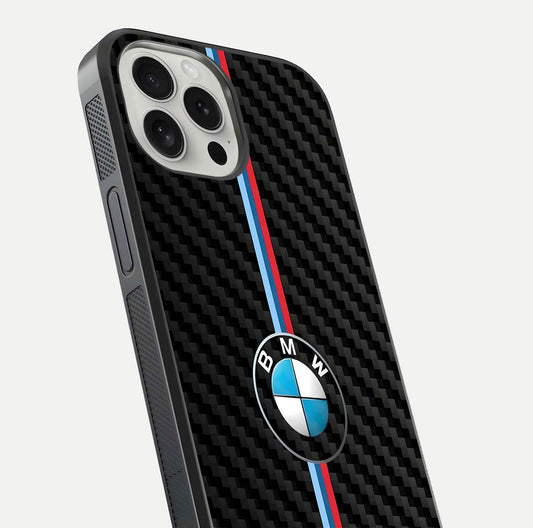 BMW Pattern Glass Case for iPhone 16 Pro close-up angle showing BMW logo detailing and high-reflect gloss texture