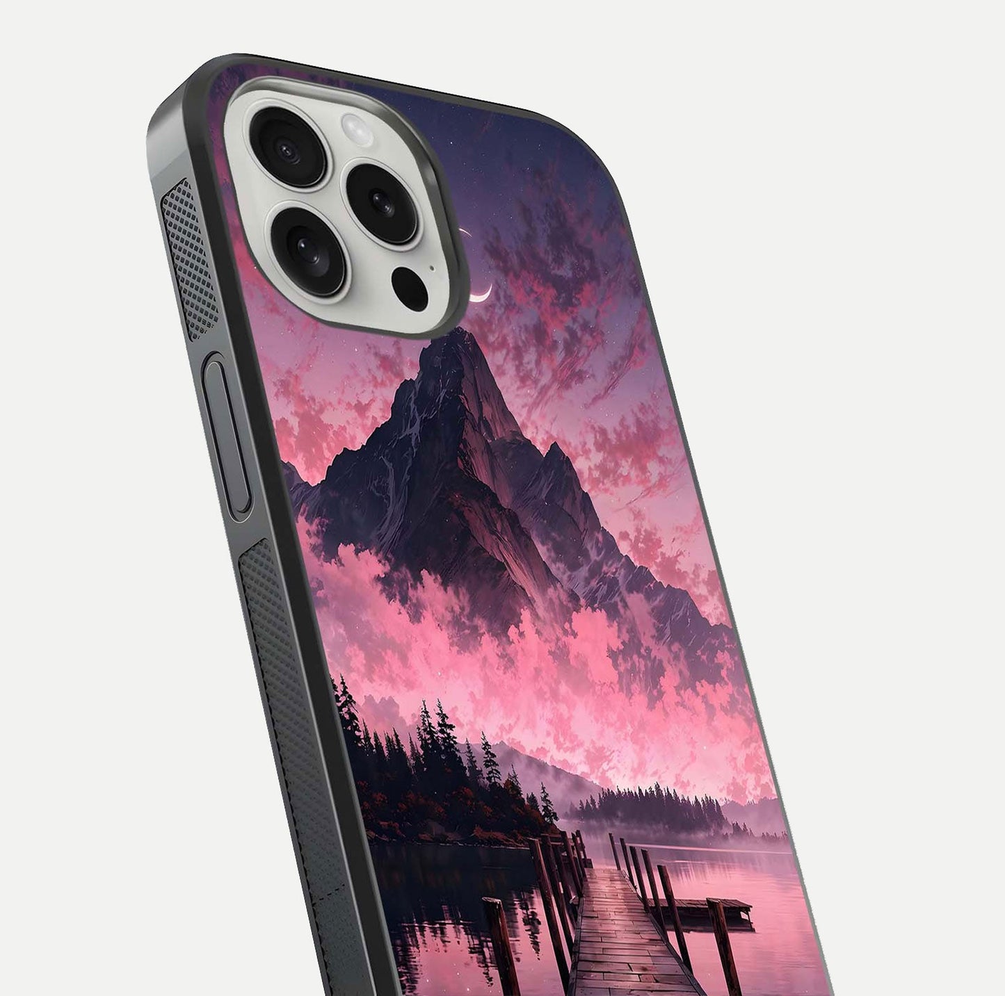 Beautyful Mountain View Glass Case for iPhone 16 Pro close-up angle highlighting landscape details and shine
