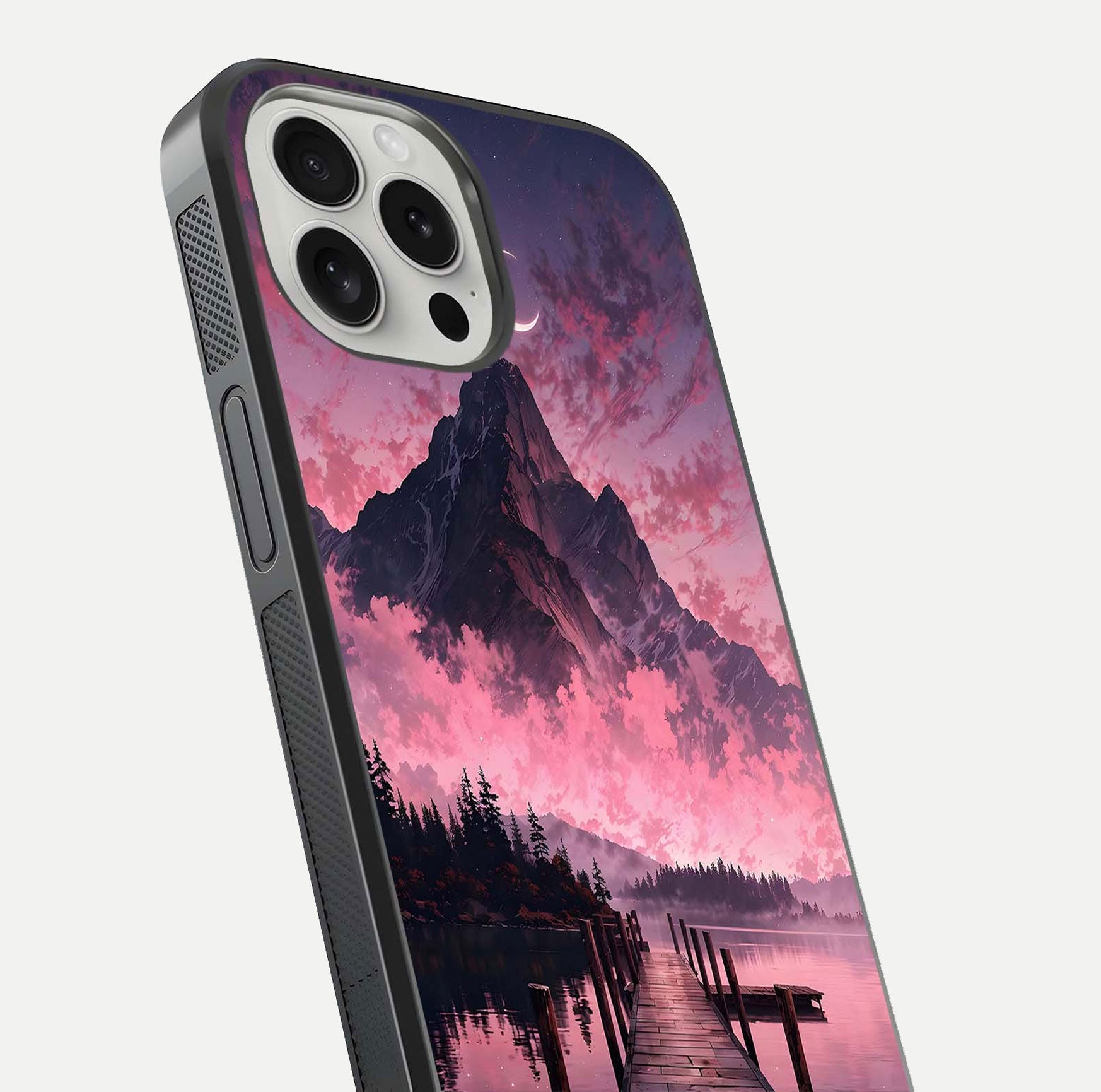Beautyful Mountain View Glass Case for iPhone 16 Pro close-up angle highlighting landscape details and shine