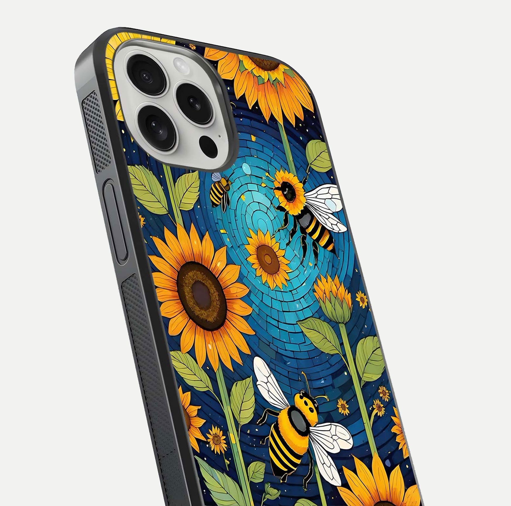 Bees & Sunflowers Glass Case for iPhone 16 Pro close-up angled shot showing detailed petals, bee prints, and glass reflection