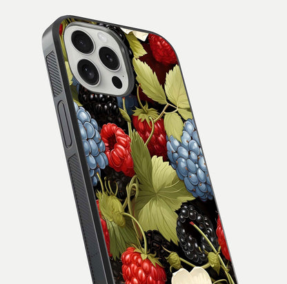 Berry Bloom Charm Glass Case for iPhone 16 Pro close-up view highlighting berry color tones and fine petal detailing