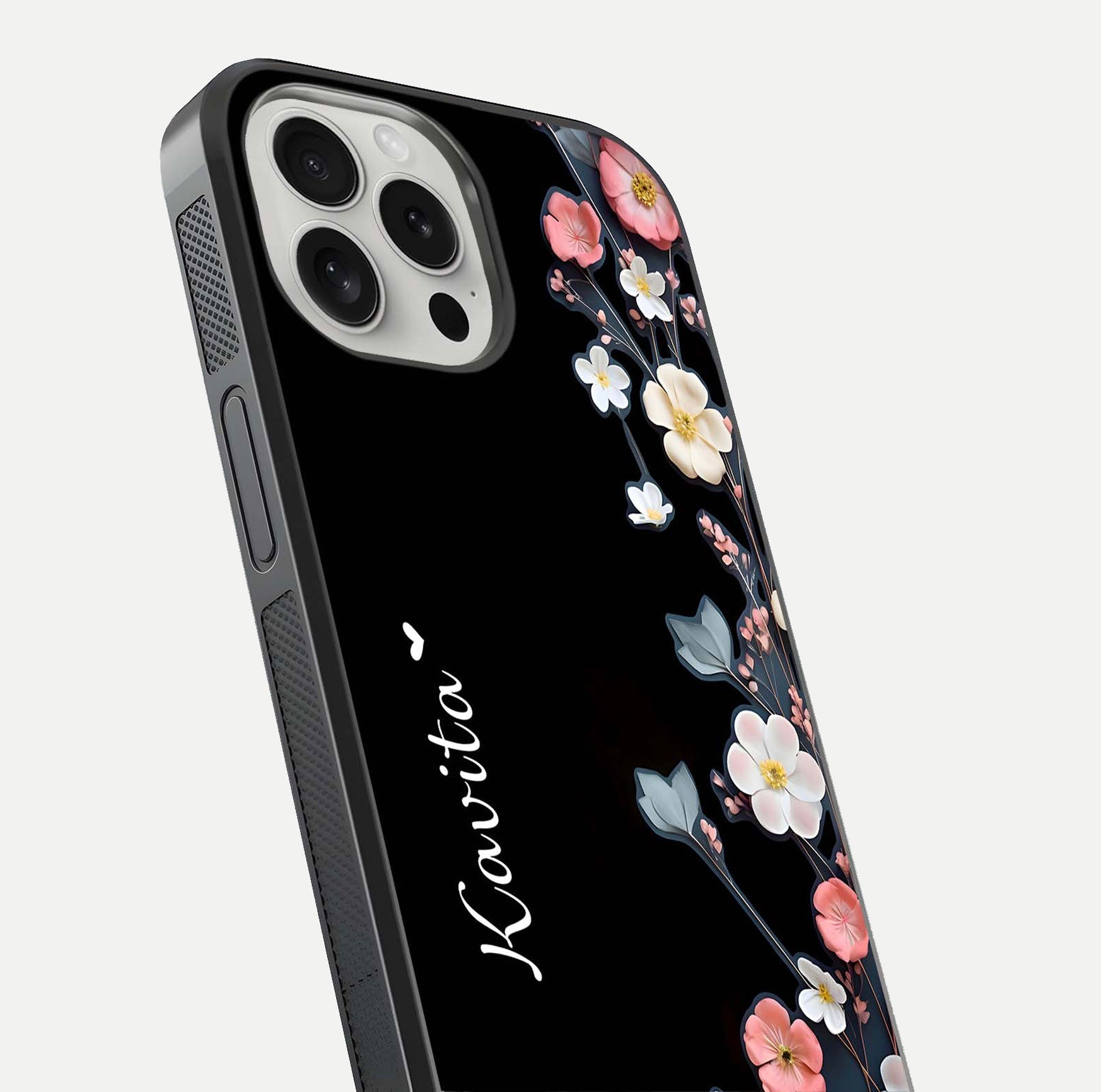 Black Elegance Floral Custom Name Glass Case for iPhone 16 Pro close-up shot showing rose detailing and elegant reflection