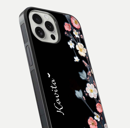 Black Elegance Floral Custom Name Glass Case for iPhone 16 Pro close-up shot showing rose detailing and elegant reflection