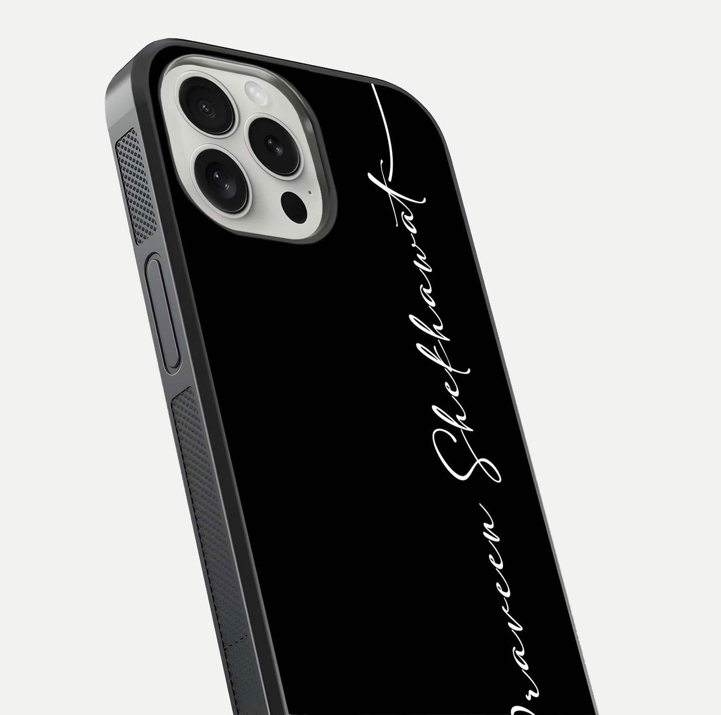 Black Tune Custom Name Glass Case for iPhone 16 Pro close-up shot highlighting sleek monochrome design and reflection