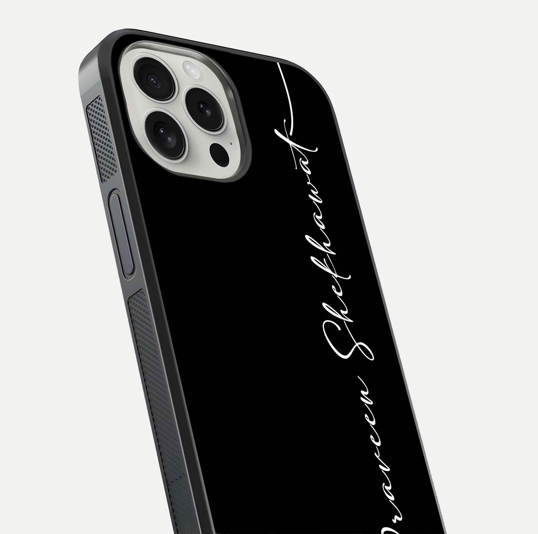 Black Tune Custom Name Glass Case for iPhone 16 Pro close-up shot highlighting sleek monochrome design and reflection
