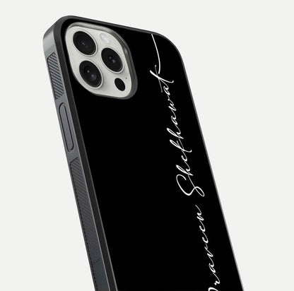 Black Tune Custom Name Glass Case for iPhone 16 Pro close-up shot highlighting sleek monochrome design and reflection