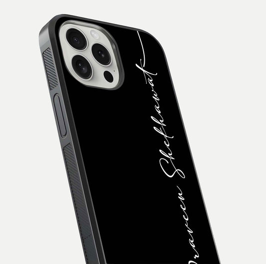 Black Tune Custom Name Glass Case for iPhone 16 Pro close-up shot highlighting sleek monochrome design and reflection
