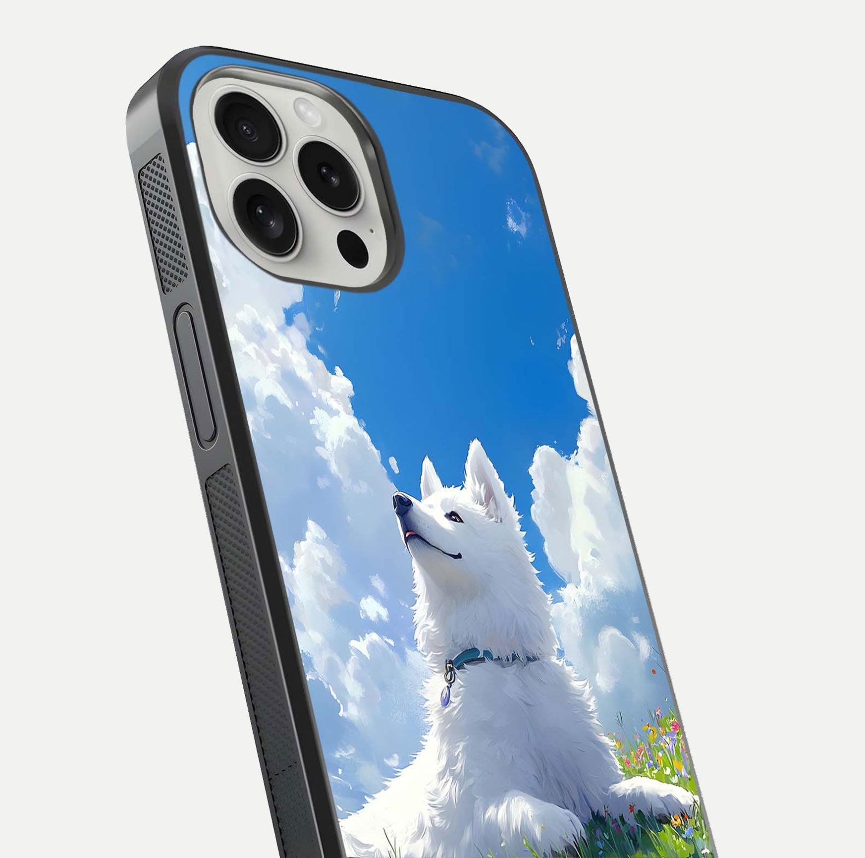 Blissful Cloud Pup Glass Case for iPhone 16 Pro close-up image highlighting puppy details and glossy reflection