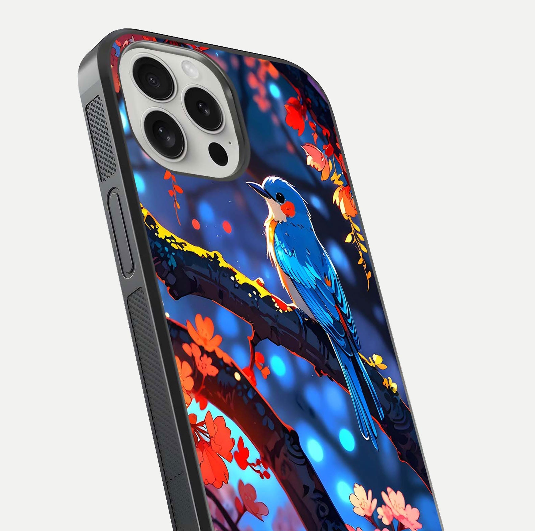 Blooming Spendor Bird Glass Case for iPhone 16 Pro close-up shot highlighting bird design details and glossy shine
