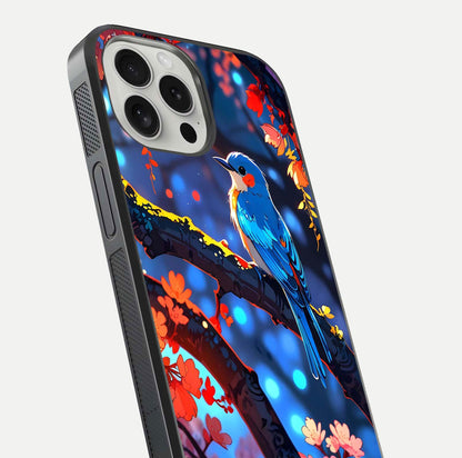 Blooming Spendor Bird Glass Case for iPhone 16 Pro close-up shot highlighting bird design details and glossy shine