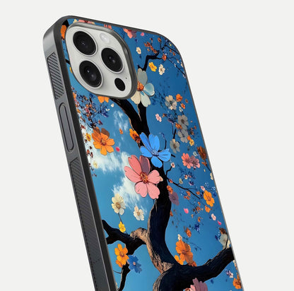 Blossom Dream Sky Glass Case for iPhone 16 Pro close-up shot highlighting dreamlike clouds and pink blossoms