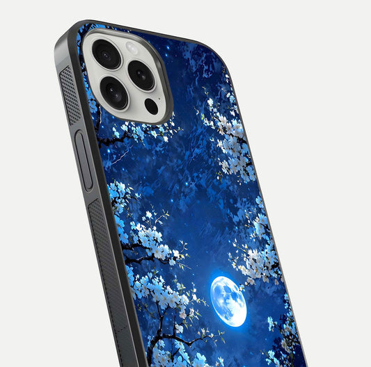 Blossom Moonlight Sky Glass Case for iPhone 16 Pro close-up angle capturing moon glow and flower detail reflections