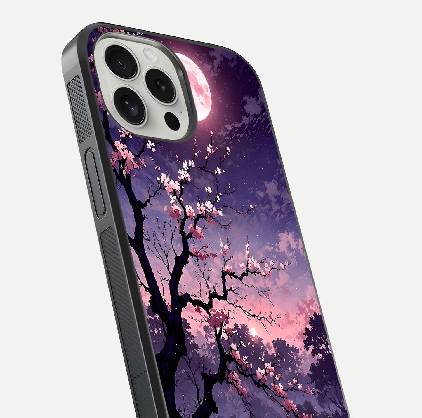Blossom Pink Moon Glass Case for iPhone 16 Pro close-up shot showing pink tones, moon highlight, and reflection gloss