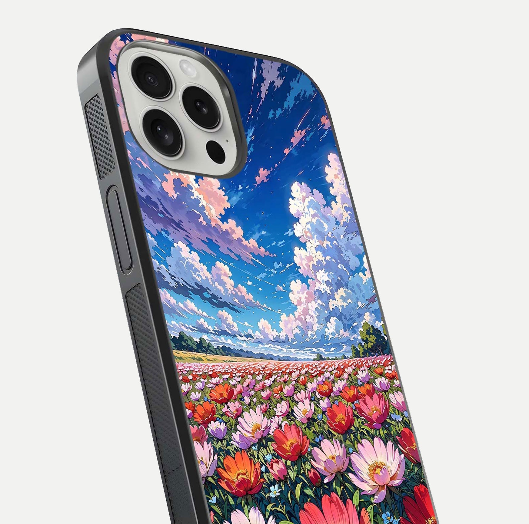 Blossom Sky Field Glass Case for iPhone 16 Pro close-up image showing petal patterns and subtle sky gradient