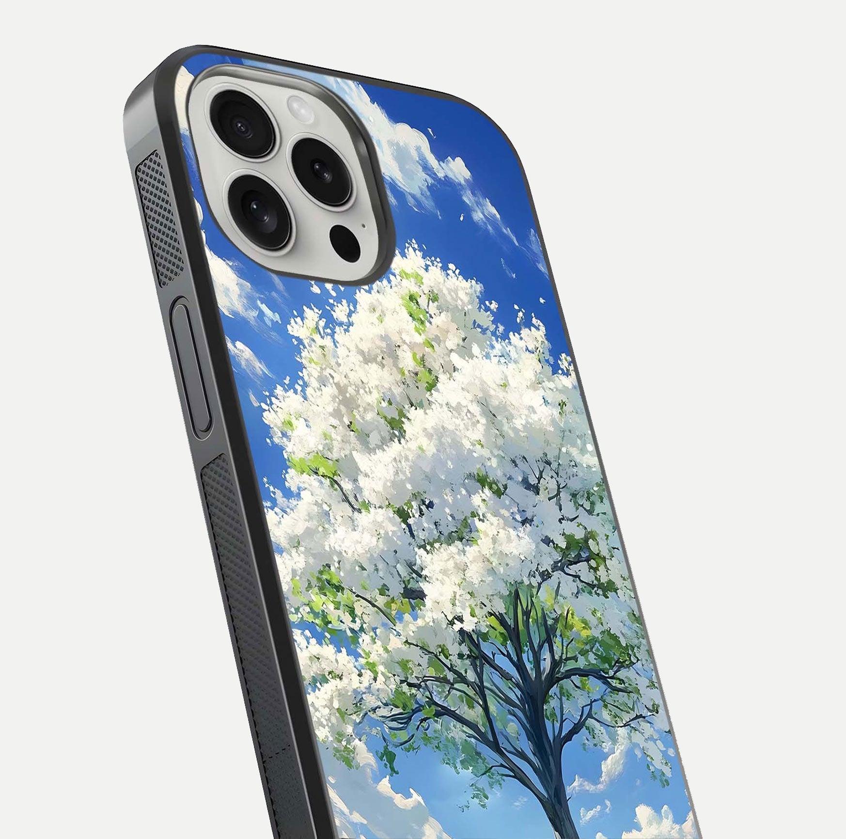 Blossom Sky Serenity Glass Case for iPhone 16 Pro close-up highlighting calming flower details and reflection gloss
